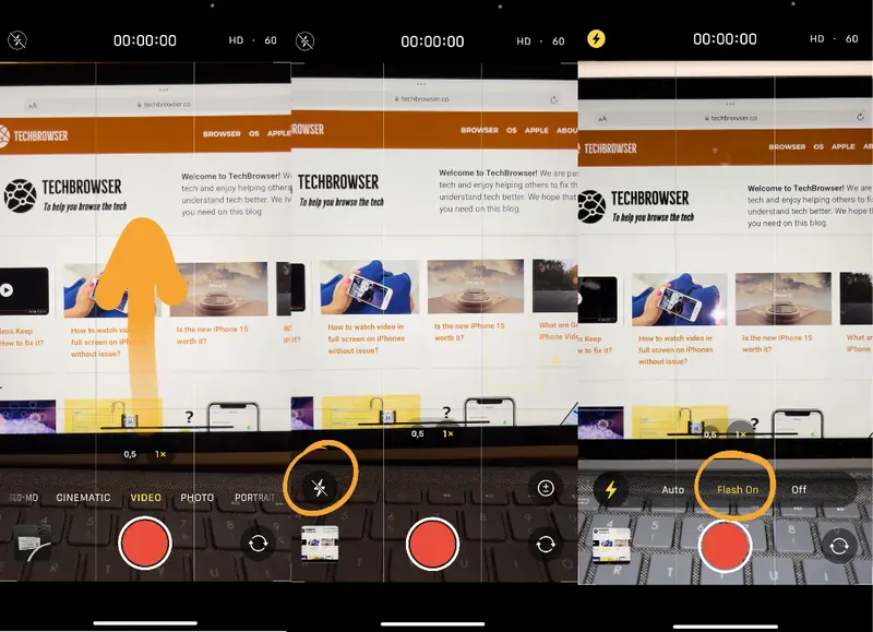 The steps to enable the flash light while taking a video on iPhone