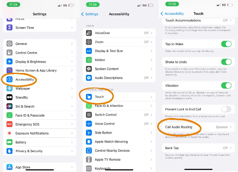 Steps to find Call Audio Routing on iPhone