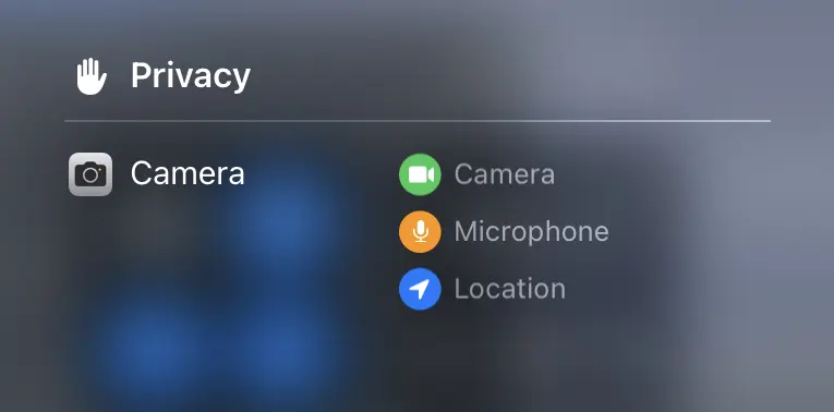 Privacy center showing that the microphone had been turned on by the camera application on an iPhone