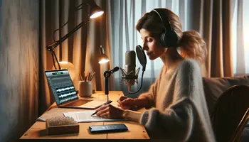 A woman recording a podcast using her iPhone
