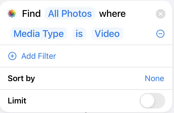 First step of the shortcut to find largest videos on iPhone