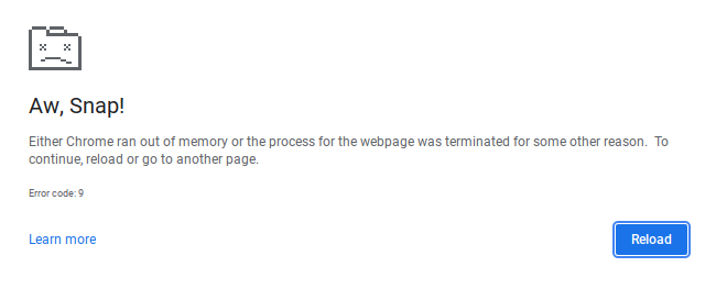 A crash error on Google Chrome on my Chromebook, saying out of memory.