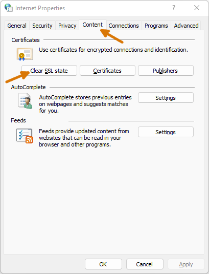 The internet options window content tab, and two arrows explaining the steps to clear the SSL state in Chrome.