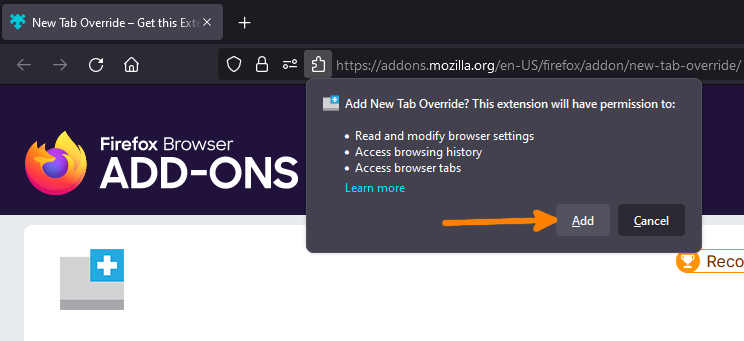 Add New Tab Override extension to Firefox