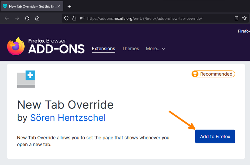 New Tab Override Firefox extension page