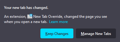 New Tab Override extension warning pop-up