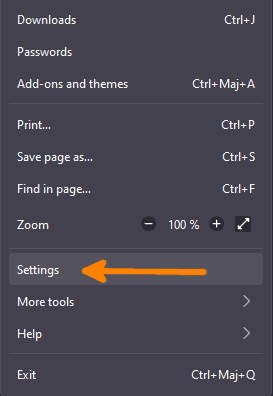 Menu settings of Firefox