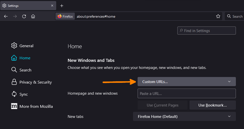 Firefox settings set custom URL of homepage