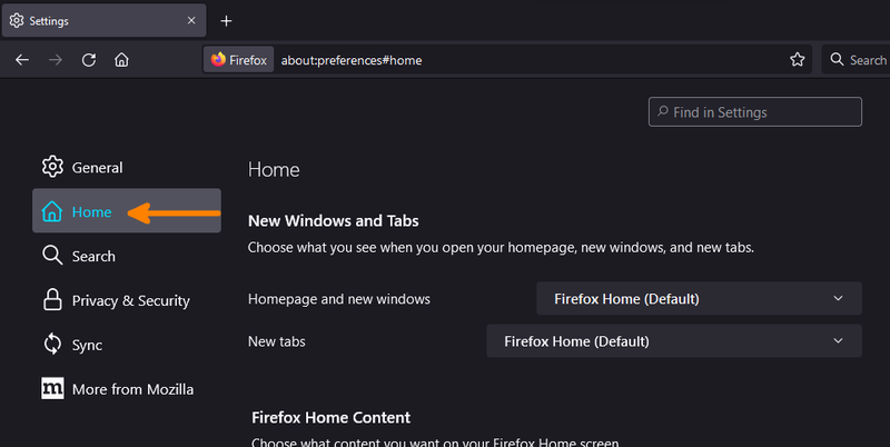 Home tab of Firefox settings page