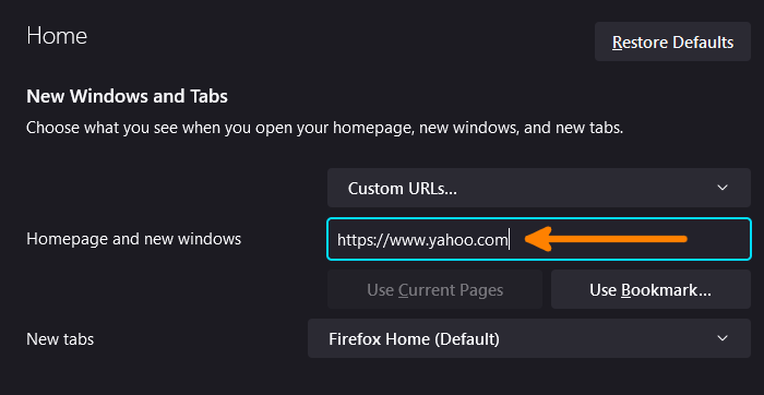 Set Yahoo as homepage in Firefox settings