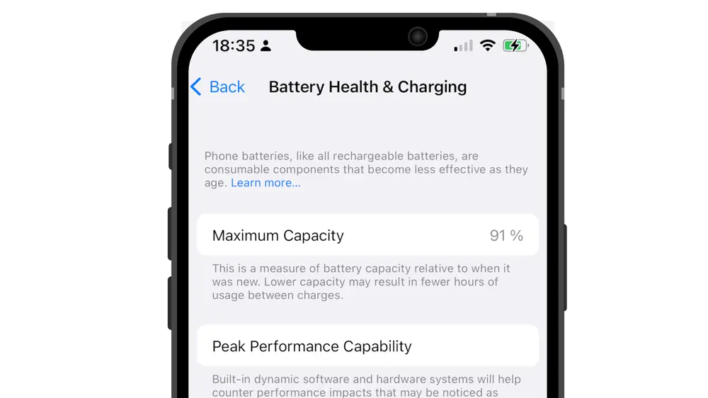 Battery health information on iPhone
