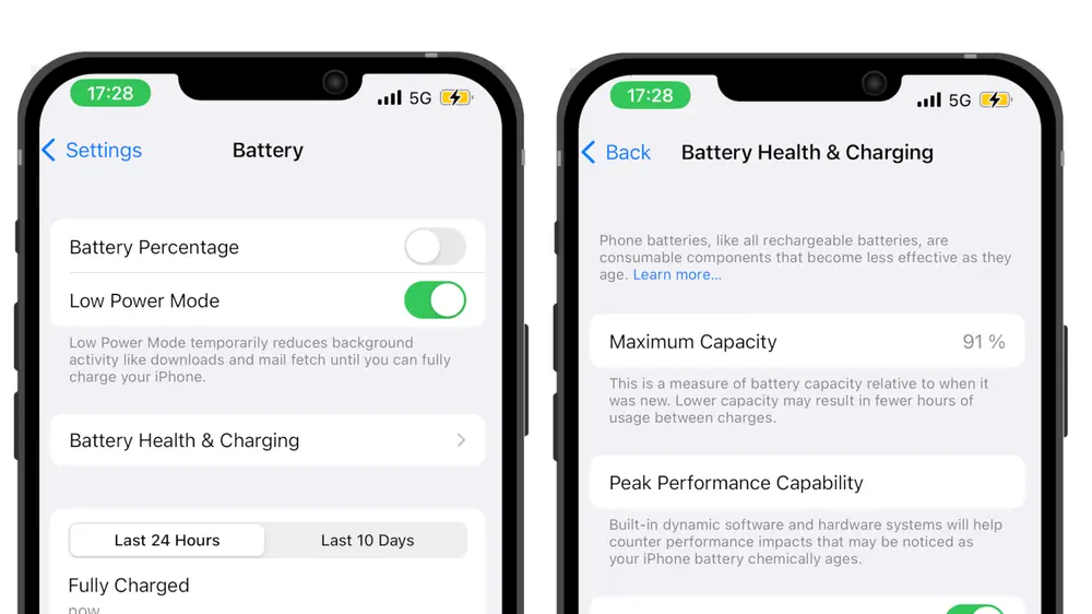 iPhone low power mode and battery health status