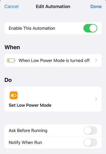 Automation to always enable Low Power mode on iPhone