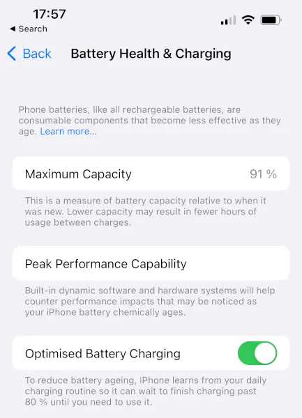 What page should Battery Health & Charging should be if the battery is original on iPhones