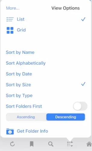 Sort menu on the FileBrowser application for iPhone