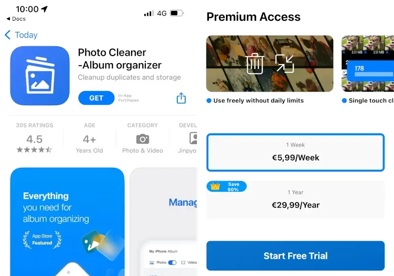 The application Photo Cleaner on the AppStore used to sort photos and its pricing.