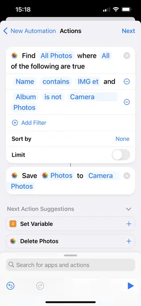 Create actions to separate iPhone Camera Photos