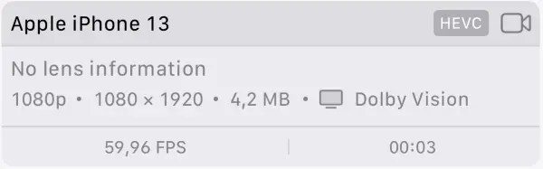 Information and metadata of a video recorded using an iPhone 13