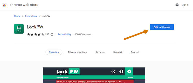 LockPW extension page on the Google Chrome webstore