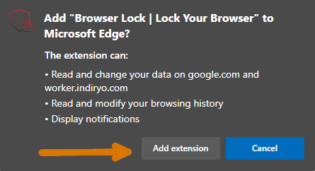 Pop-up after adding the browser lock extension on Microsoft Edge