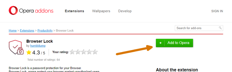 Browser lock extension page on Opera webstore