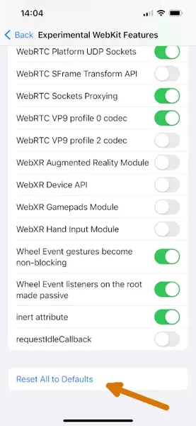 reset safari iphone experimental features